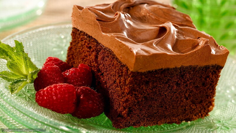Slice of Chocolate Cake — Brown, Appetizing, Photograph, Raspberries, Mint, Plate