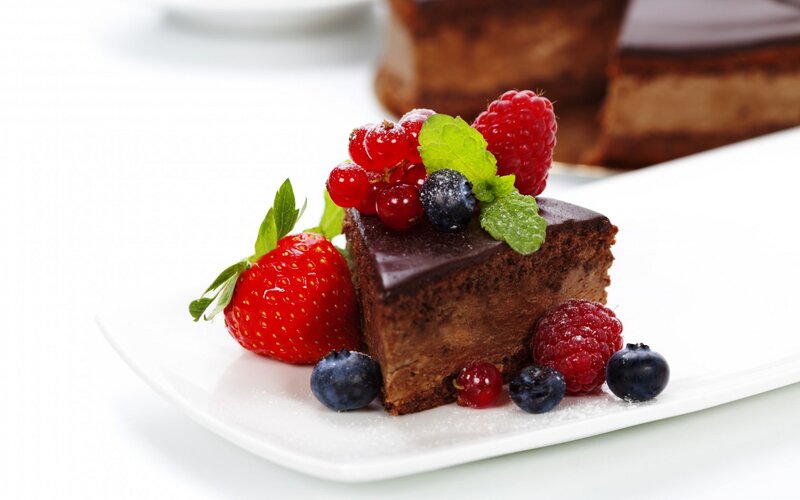 Slice of Chocolate Cake — Brown, Appetizing, Photograph, Strawberry, Raspberry