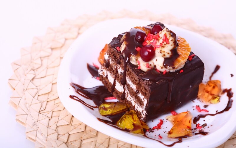 Slice of Chocolate Cake — Brown, Appetizing, Photograph, Whipped Cream, Cherries