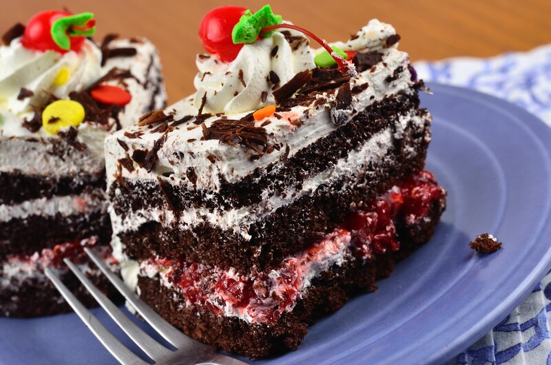 Slice of Chocolate Cake — Brown, Appetizing, Photograph, Whipped Cream, Cherry, Fork