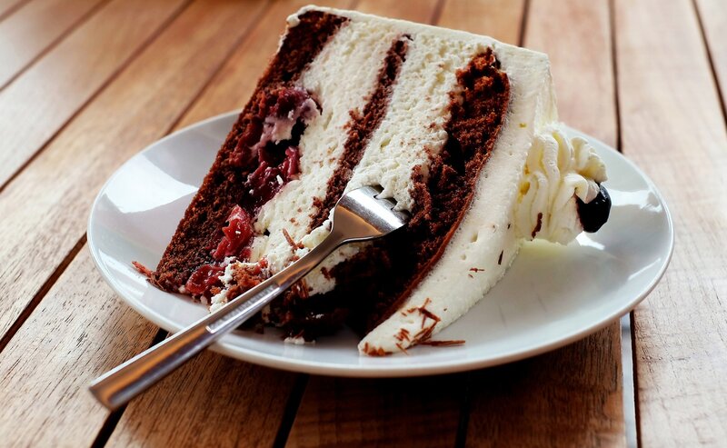 Slice of Chocolate Cake — Brown, Calm, Photograph, Plate, Fork, Wooden Table