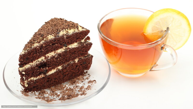 Slice of Chocolate Cake — Brown, Calm, Photograph, Tea Cup, Lemon Slice