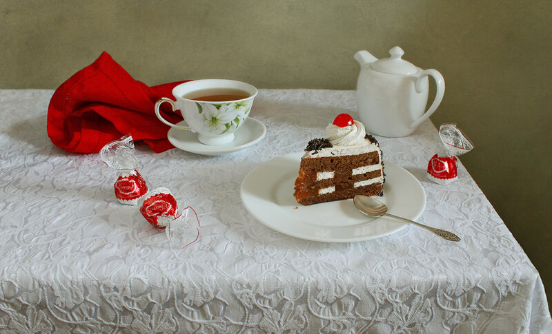 Slice of Chocolate Cake — White, Calm