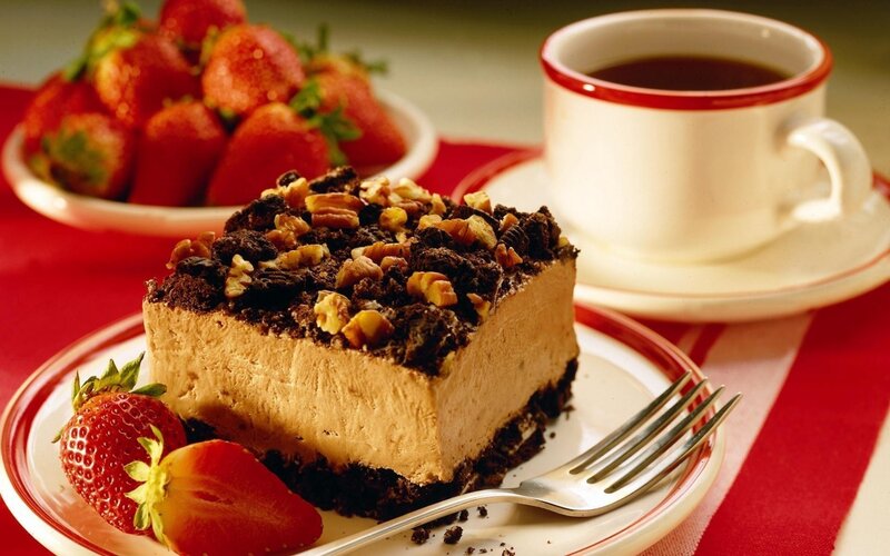 slice of chocolate cake with strawberries