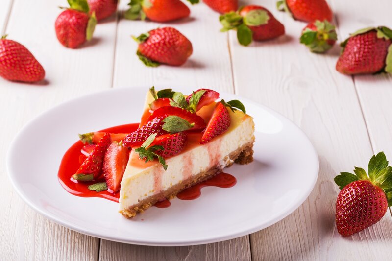 Slice of Strawberry Cheesecake — White, Appetizing, Photograph, Strawberries, Plate