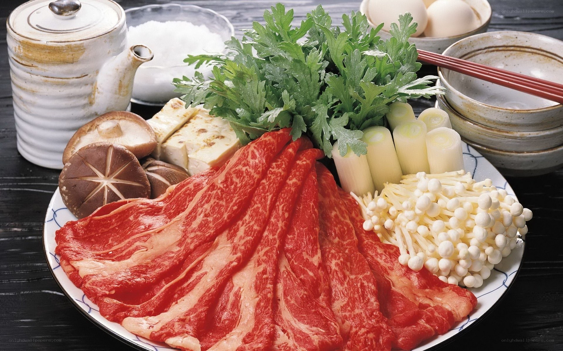 Sliced beef and vegetables for hot pot