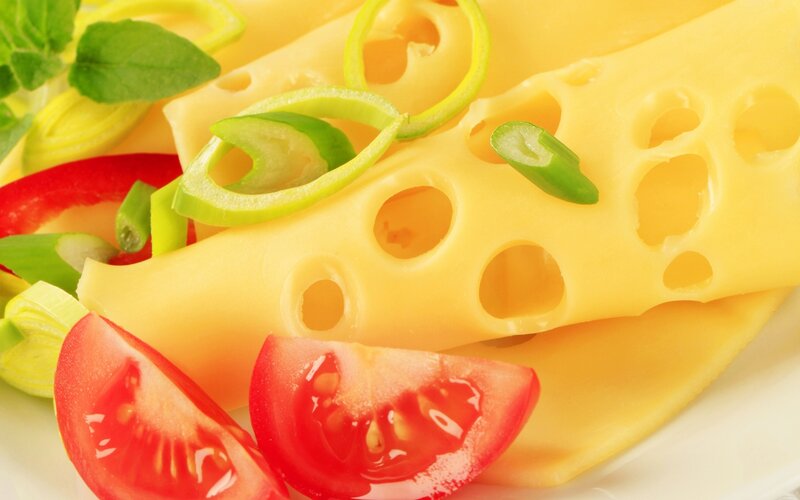 Sliced Cheese with Vegetables — Yellow, Fresh, Photograph, Tomato, Green Onion