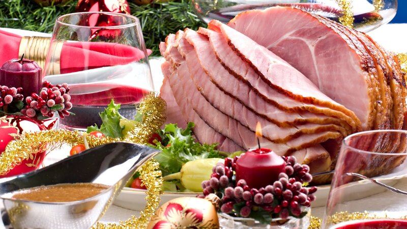 Sliced Ham on Platter — Red, Festive, Winter