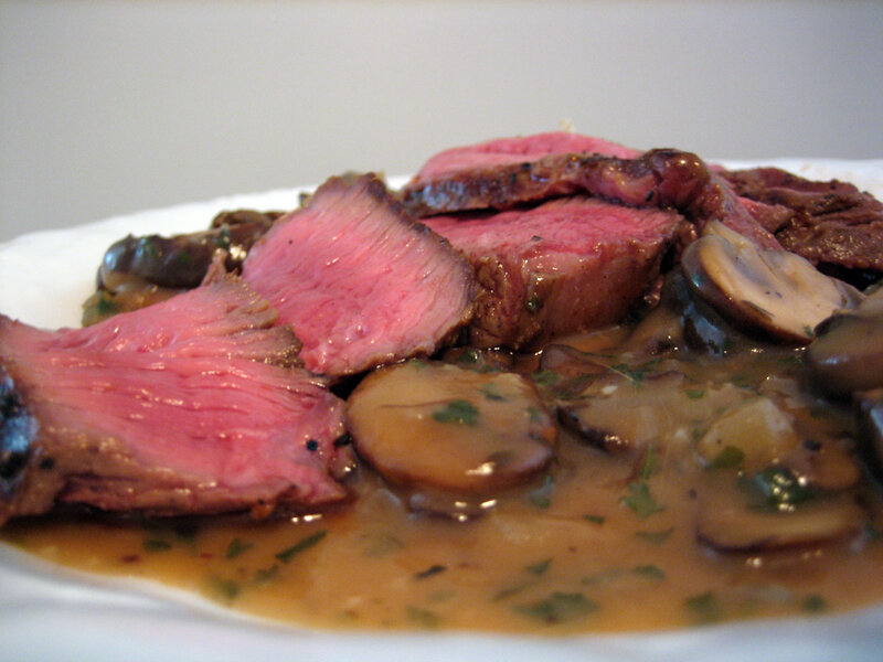 Sliced steak with mushroom sauce