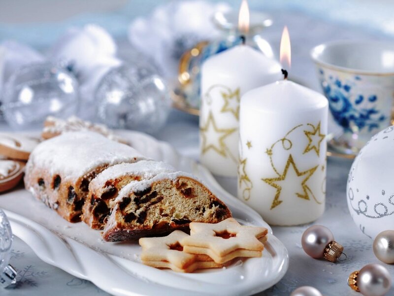 Sliced Stollen Cake — White, Festive, Winter, Photograph, Candles