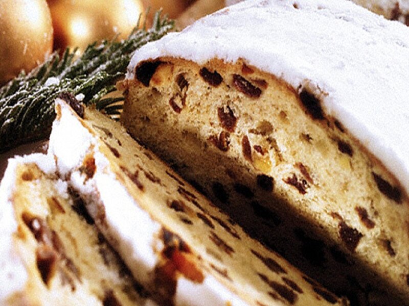 Sliced Stollen Cake — White, Festive, Winter, Photograph, Pine Branch