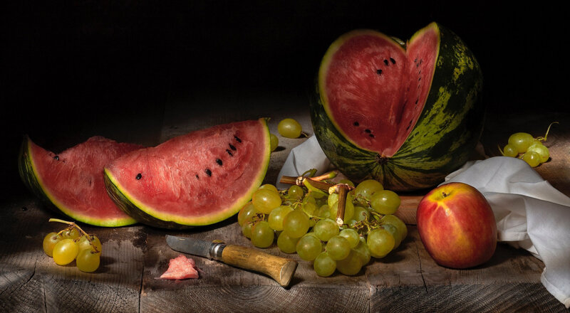 Sliced Watermelon and Grapes — Red, Dramatic