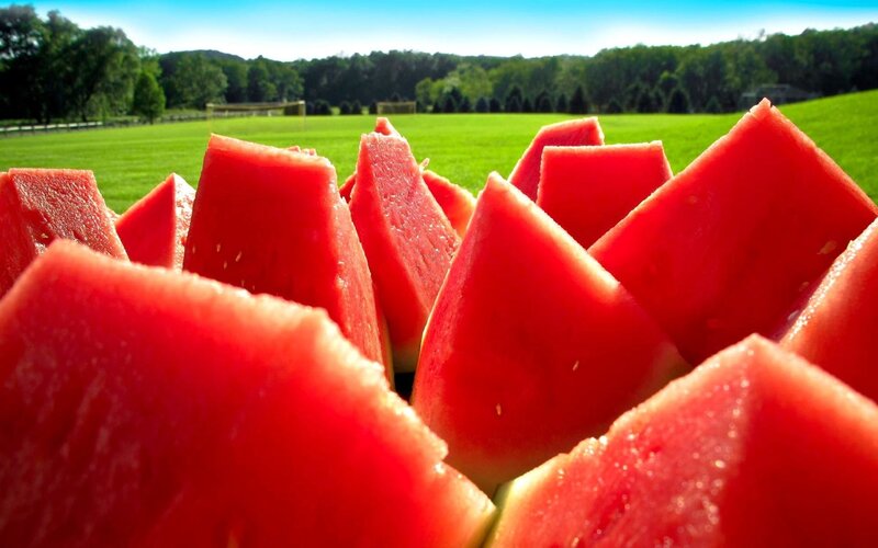 Sliced watermelon on a field