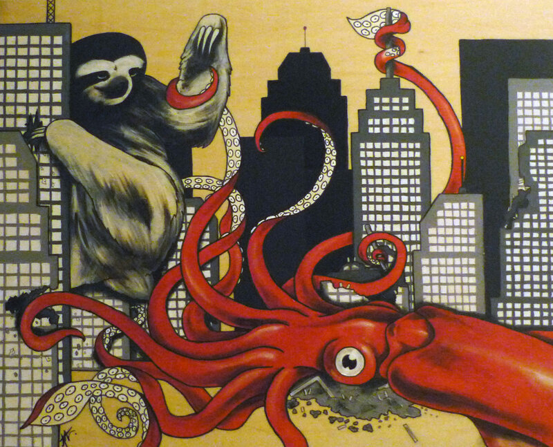 Sloth and giant squid in city