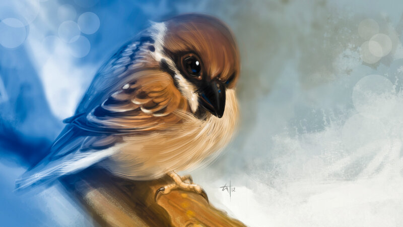 Small Bird on Branch — Brown, Calm, Digital Art