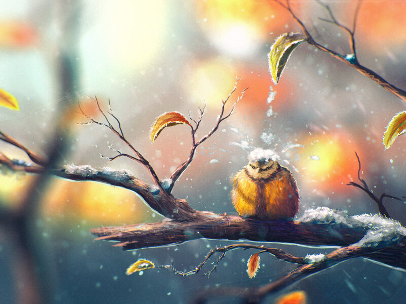 Small Bird on Branch — Yellow, Serene
