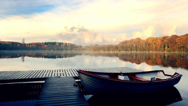 Small Boat at Dock — Blue, Serene, Autumn, Photograph, Lake