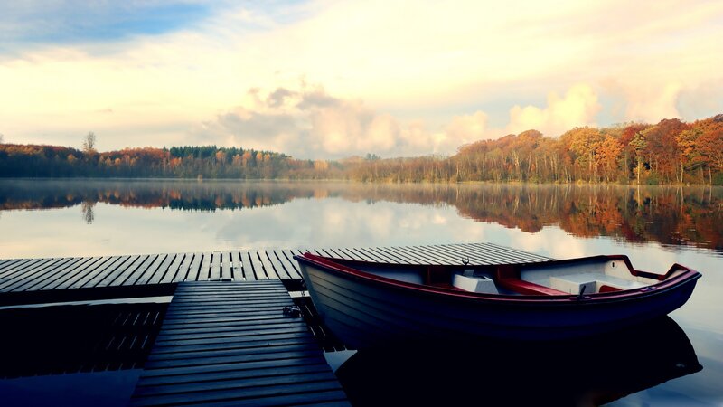 Small Boat at Dock — Blue, Serene, Autumn