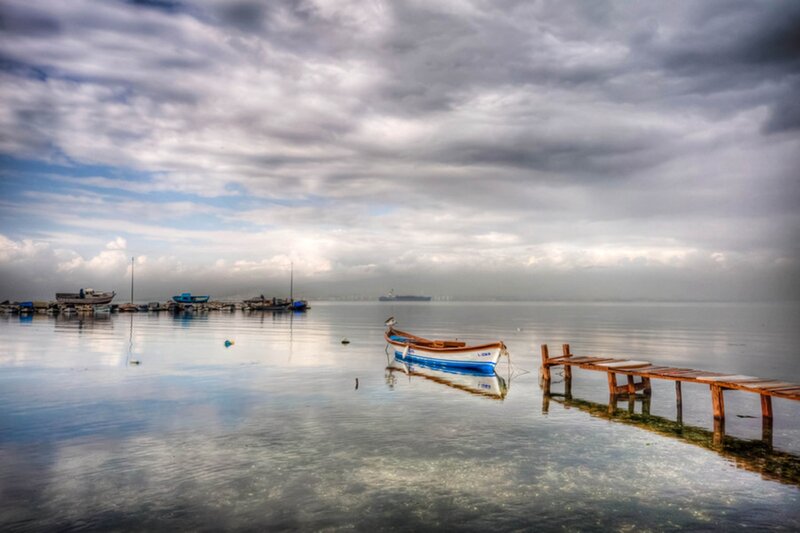 Small Boat at Dock — Blue, Serene, Morning