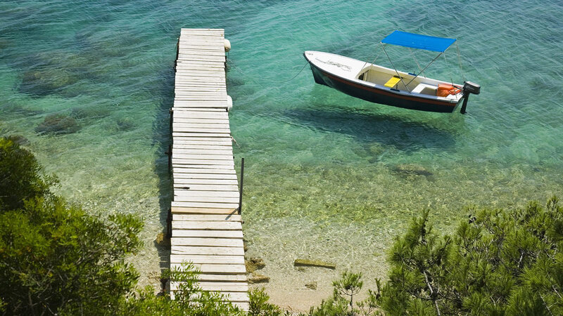 Small Boat at Dock — Blue, Serene