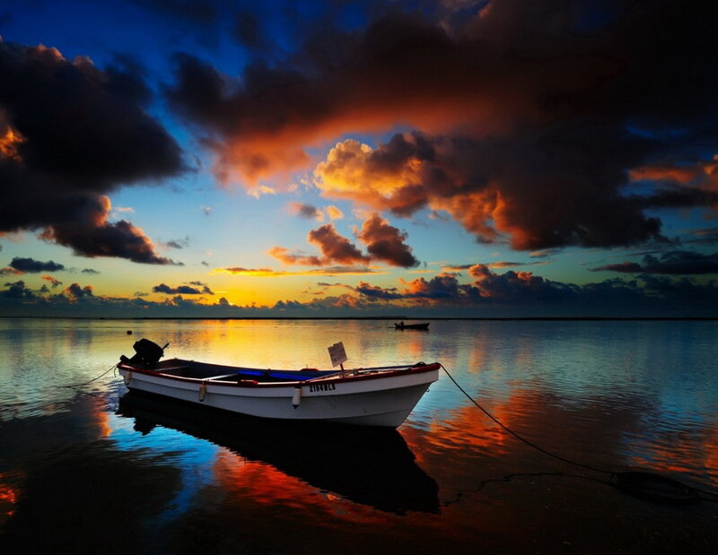 Small Boat at Sunset — Blue, Dramatic