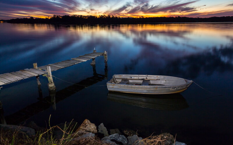 Small Boat at Sunset — Blue, Serene, Photograph, Dock