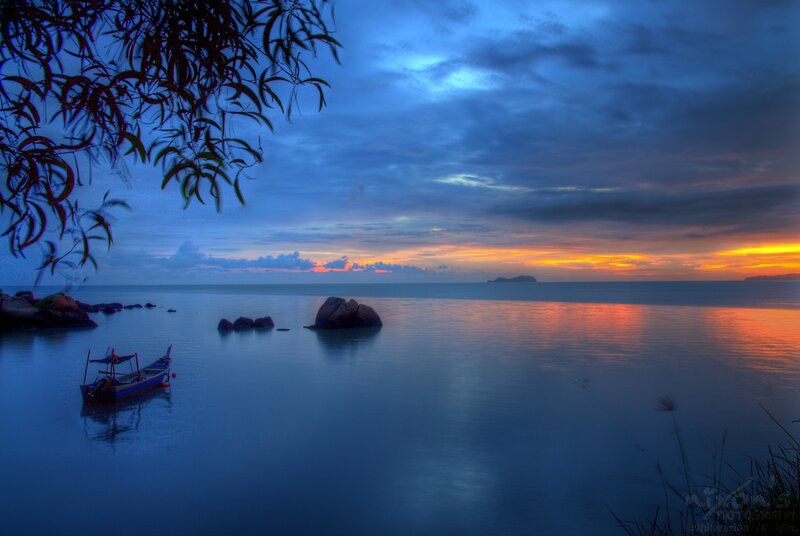 Small Boat at Sunset — Blue, Serene, Photograph