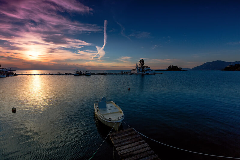 Small Boat at Sunset — Blue, Serene