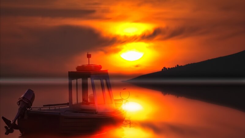 Small Boat at Sunset — Orange, Dramatic, Digital Art