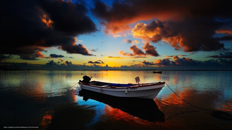 Small Boat at Sunset — Orange, Dramatic, Photograph, Sky