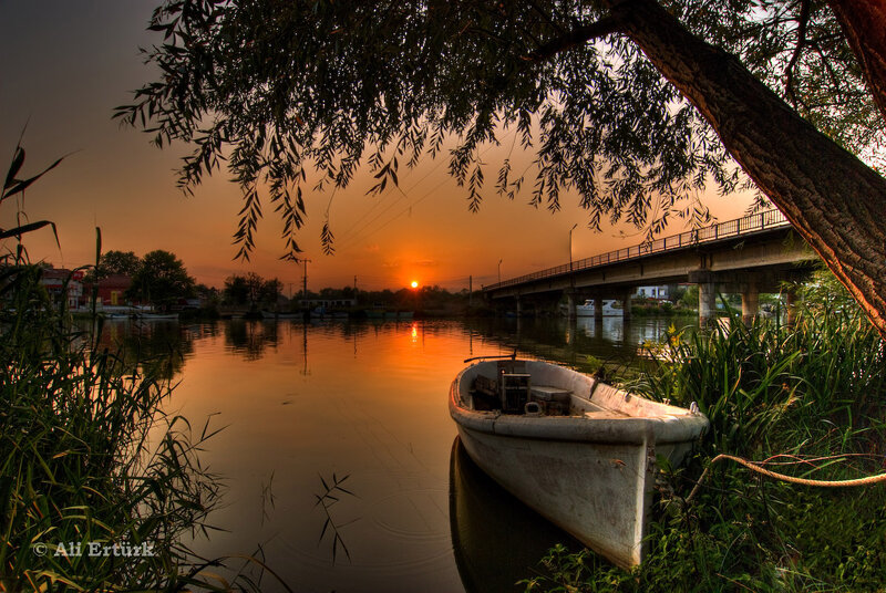 Small Boat at Sunset — Orange, Serene, Photograph, River