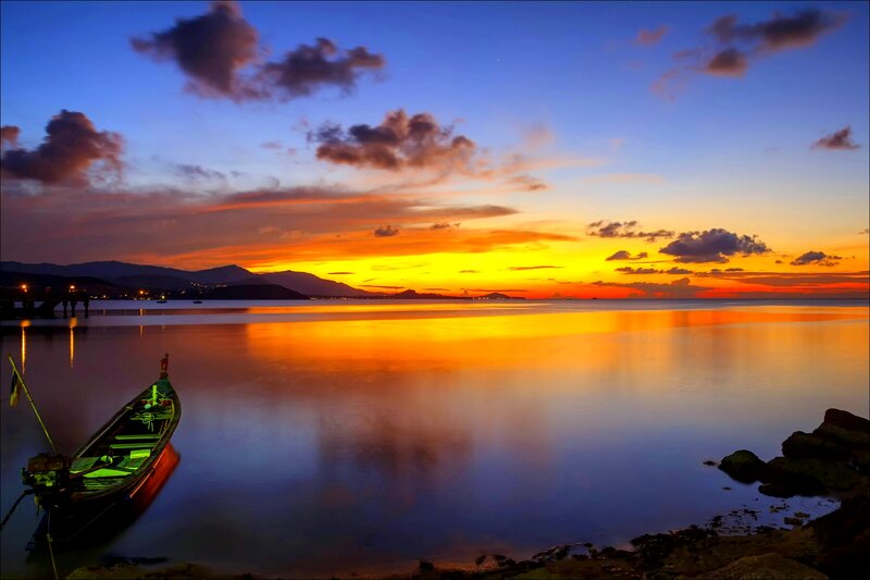 Small Boat at Sunset — Orange, Serene, Photograph