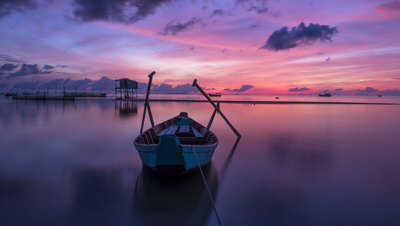 Small Boat at Sunset — Purple, Serene