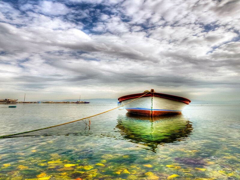 Small Boat in Calm Water — Blue, Serene