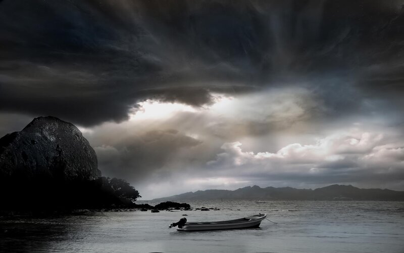 Small Boat in Calm Water — Gray