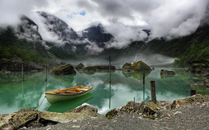 Small Boat in Fjord — Green, Serene, Morning