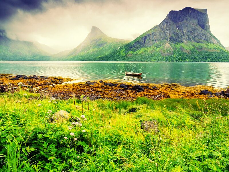 Small Boat in Fjord — Green, Serene