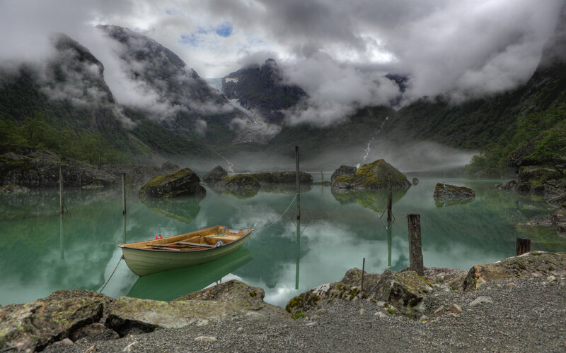 Small Boat in Fjord — Green
