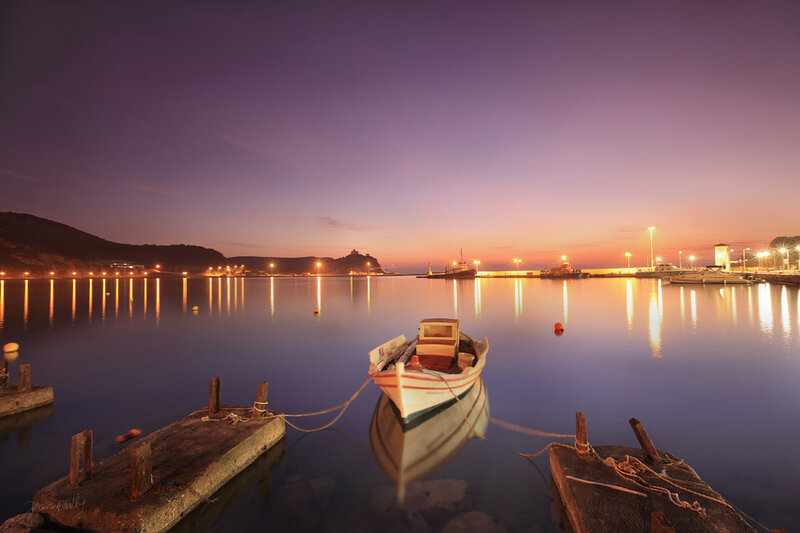 Small Boat in Harbor — Purple