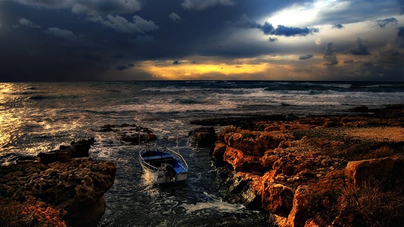Small Boat in Rocky Cove — Blue