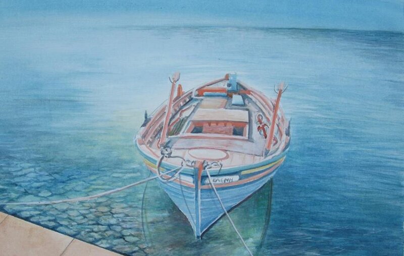 Small Boat in Water — Blue