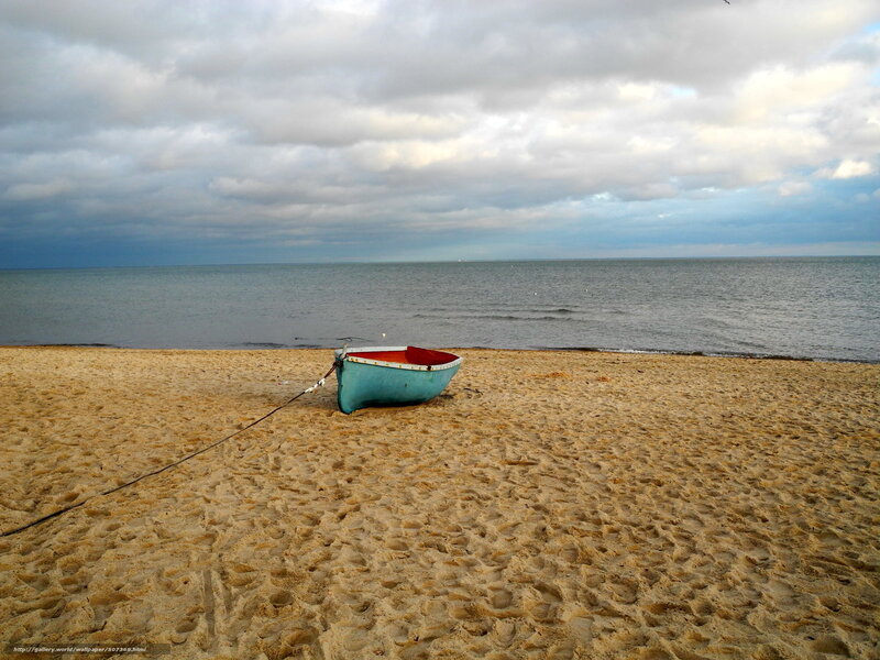 Small Boat on Beach — Blue, Calm, Morning
