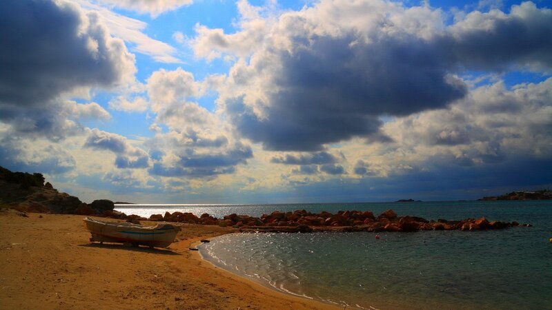 Small Boat on Beach — Blue, Dramatic, Afternoon
