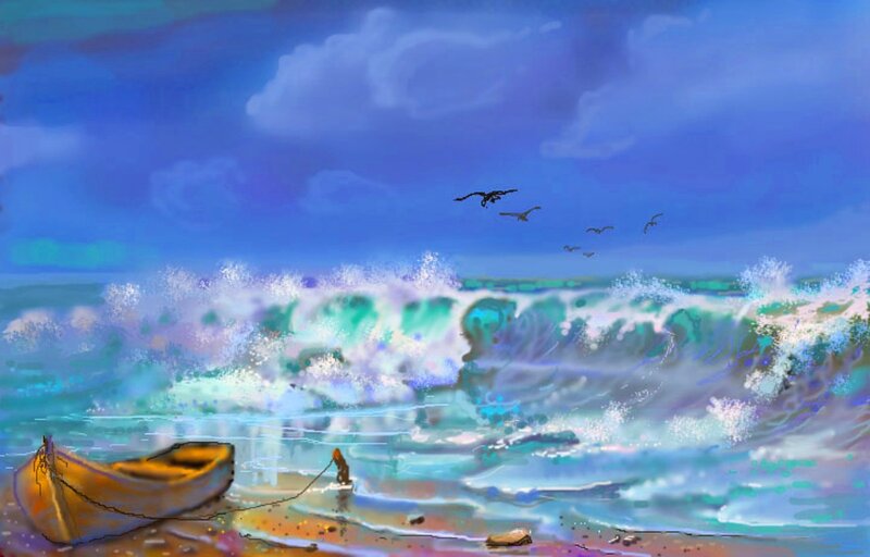Small Boat on Beach — Blue, Dramatic, Digital Art