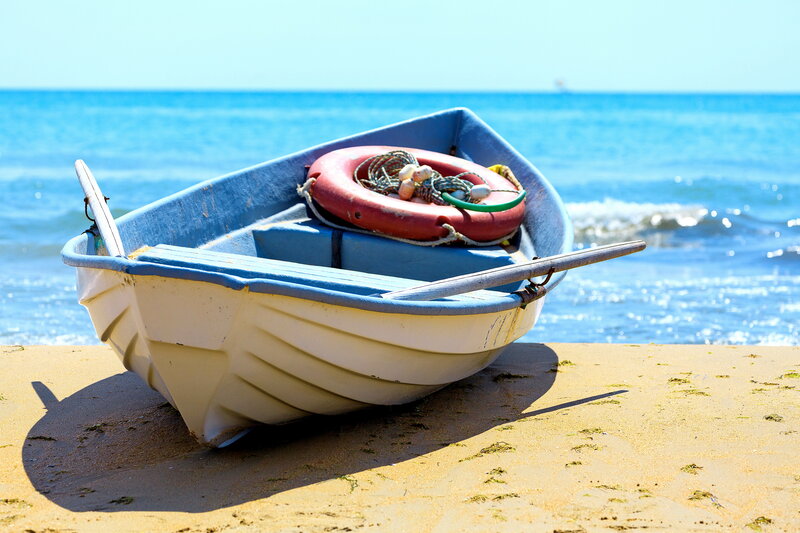 Small Boat on Beach — Blue, Serene, Afternoon, Photograph, Life Preserver