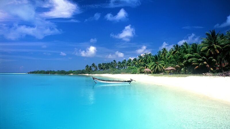 Small Boat on Beach — Blue, Serene, Afternoon, Photograph, Palm Trees, Huts