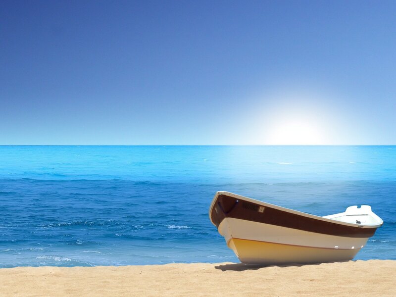 Small Boat on Beach — Blue, Serene, Afternoon, Photograph, Sand, Ocean, Sky, White