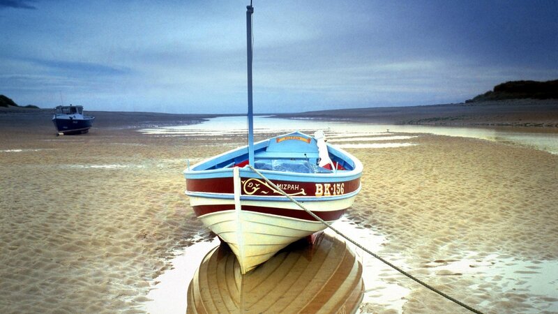 Small Boat on Beach — Blue, Serene, Morning