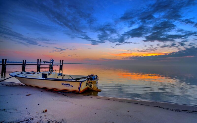 Small Boat on Beach — Blue, Serene, Sunset, Photograph, Dock