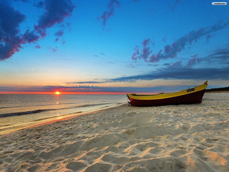 Small Boat on Beach — Blue, Serene, Sunset, Photograph, Sand